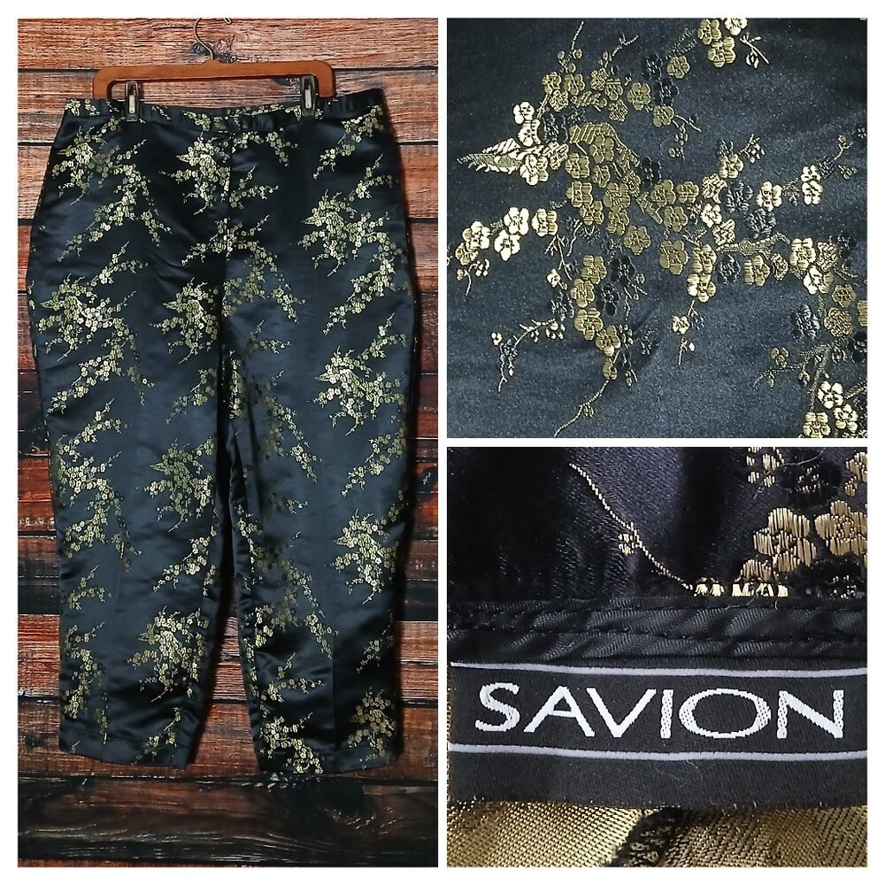 Savion Vintage Pants Plus Size 24 W Capri High Rise Asian Satin Jacquard US Made